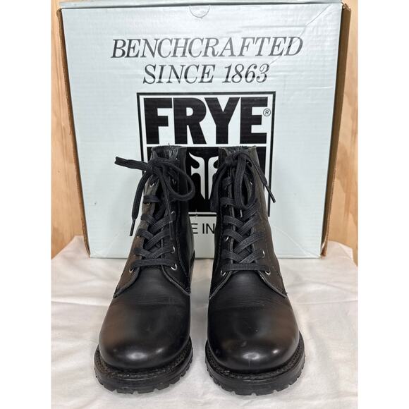 Frye Sabrina 6G Black Leather Lace Up Ankle Boots Block Heel Size 6.5 Goth Moto - Picture 5 of 10